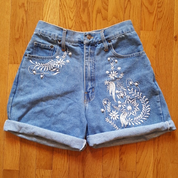 Vintage Pants - Vintage 80's High Waist Embroidered Jeans Shorts